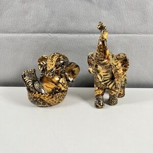 Set 2 Vintage La Vie Baby Elephant Safari Patchwork Animal Ceramic Figurines
